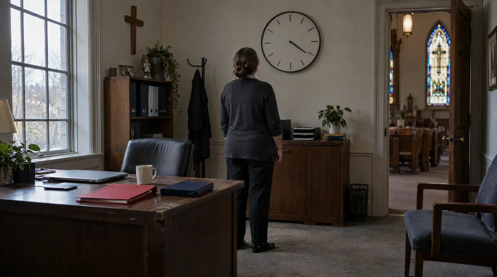 Church insurance cancellation deadline: administrator watching the clock with a red notice folder and policy binder