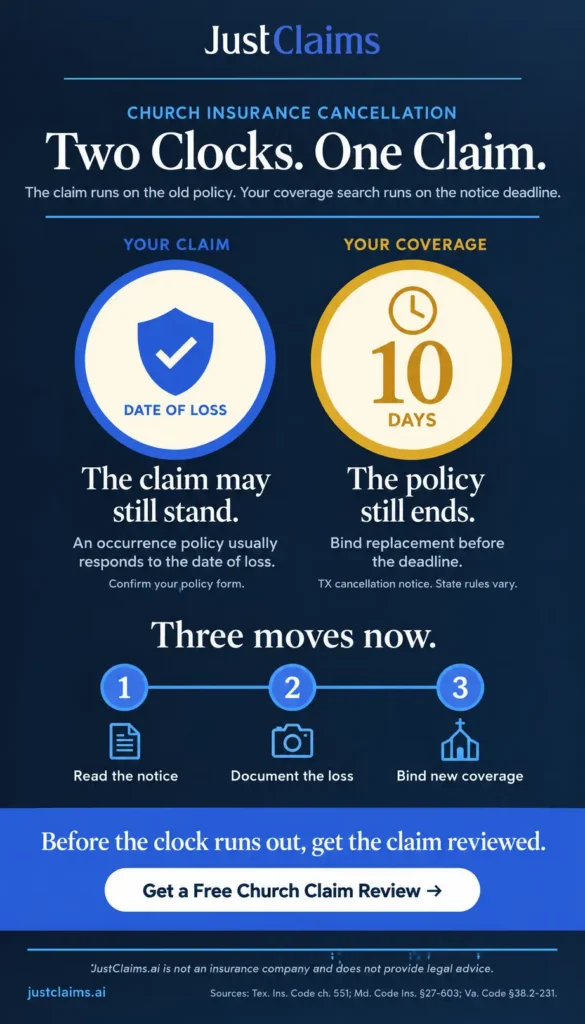 Church insurance cancellation infographic: open claim vs. coverage deadline for church leaders.