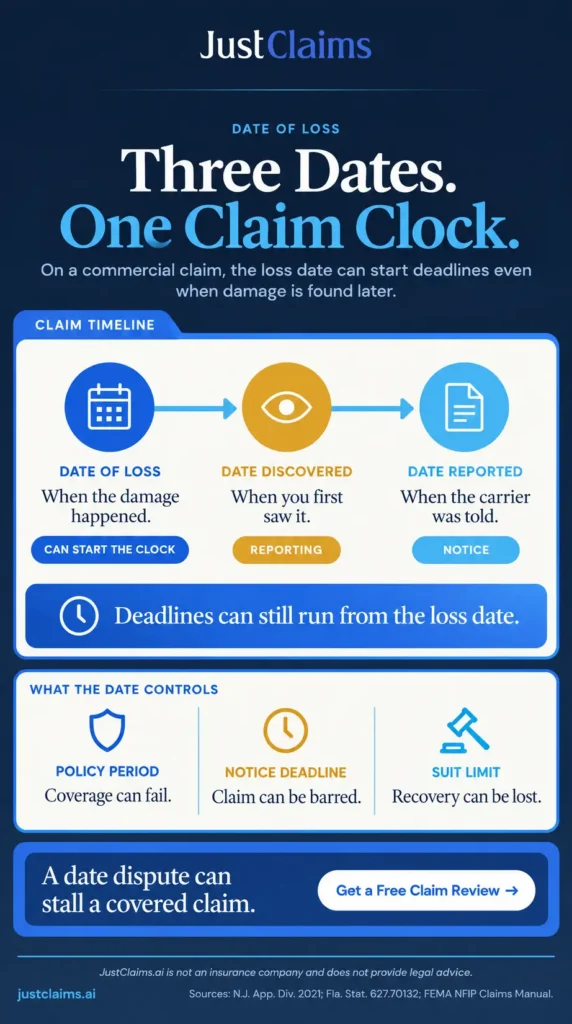 Date of loss infographic: three claim dates and the policy deadlines they can trigger