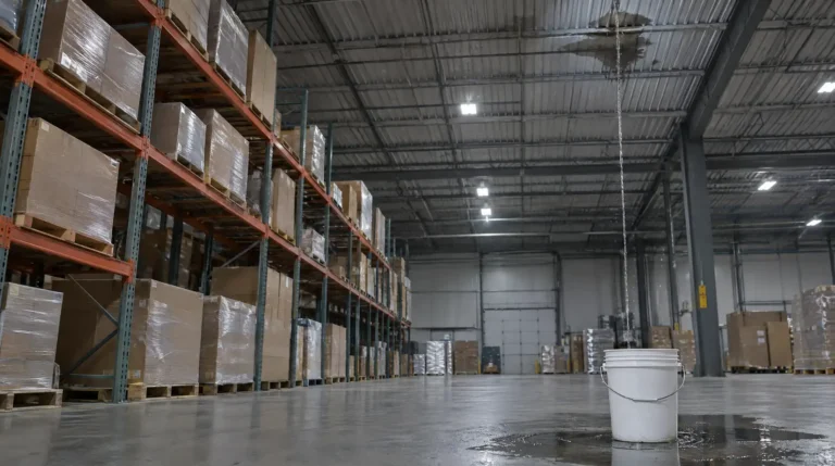 Date of loss: warehouse roof leak dripping into a white bucket in a commercial aisle