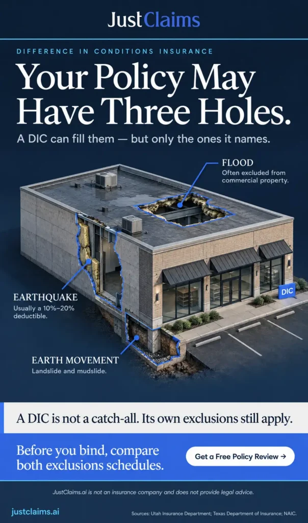 Difference in conditions insurance infographic: flood, earthquake, and earth movement gaps a DIC may fill.
