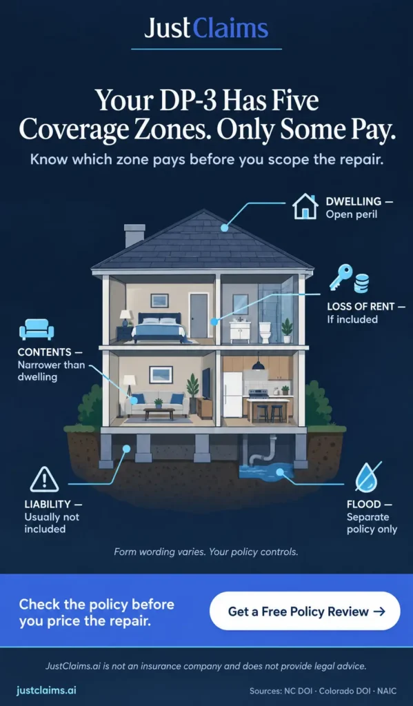 DP-3 insurance coverage zones for rental property: dwelling, contents, loss of rent, liability and flood
