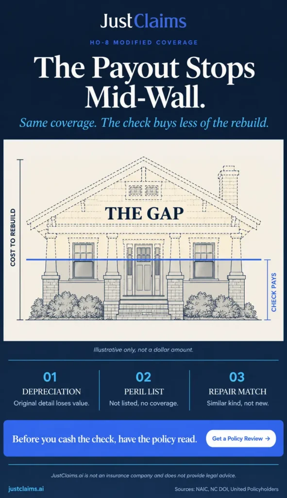 HO8 payout stops mid-wall: bungalow elevation with the covered lower half solid and the gap above