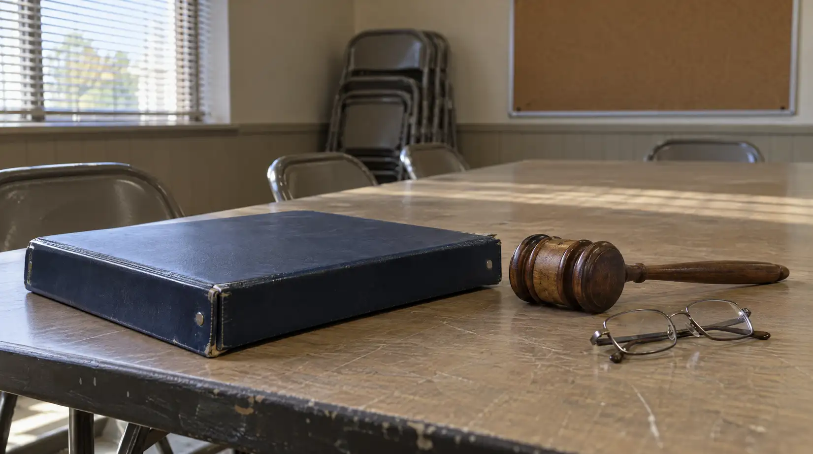 HOA board insurance responsibilities binder and gavel on a community meeting room table