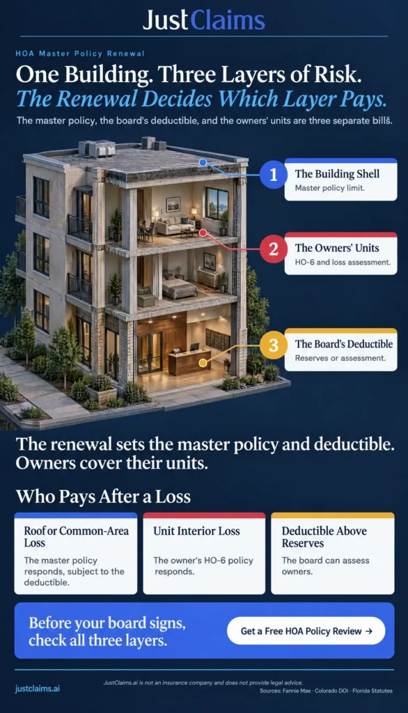 Condo HOA master policy renewal cutaway showing the building shell, units, deductible, and who pays