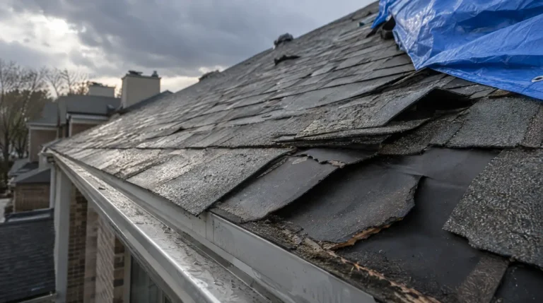 HOA roof insurance claim inspection: storm-lifted shingles and a blue tarp on an association roof.