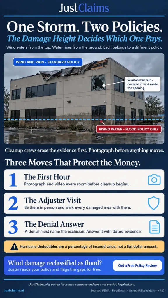 Infographic showing how wind versus flood classification decides which policy pays a hurricane insurance claim