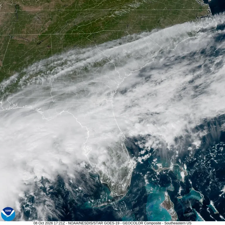 NOAA GOES-East satellite image of Hurricane Isaias over the southern Gulf of Mexico on October 8, 2026, approaching the northern Gulf Coast of Florida, Alabama and Mississippi.