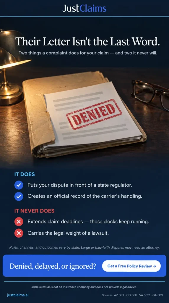 Infographic explaining what filing an insurance commission complaint does and never does for denied claims