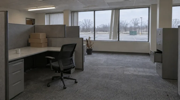 Vacant commercial office suite with empty cubicles, illustrating material misrepresentation in property insurance