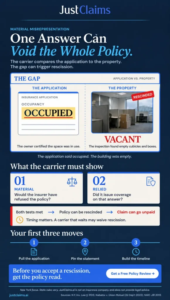 Material misrepresentation in insurance infographic: occupied application vs. vacant office, rescission risk, and three claim response steps