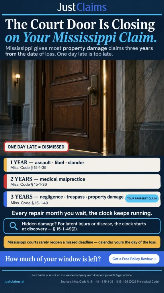 Mississippi statute of limitations infographic showing lawsuit filing deadlines for property damage, injury and malpractice claims