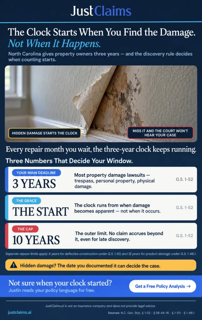 North Carolina statute of limitations infographic: three-year deadline, discovery rule, and ten-year repose for property damage