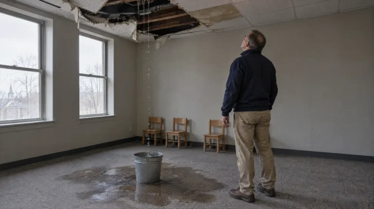Facilities director inspecting a leaking classroom ceiling during a religious institution property damage claim