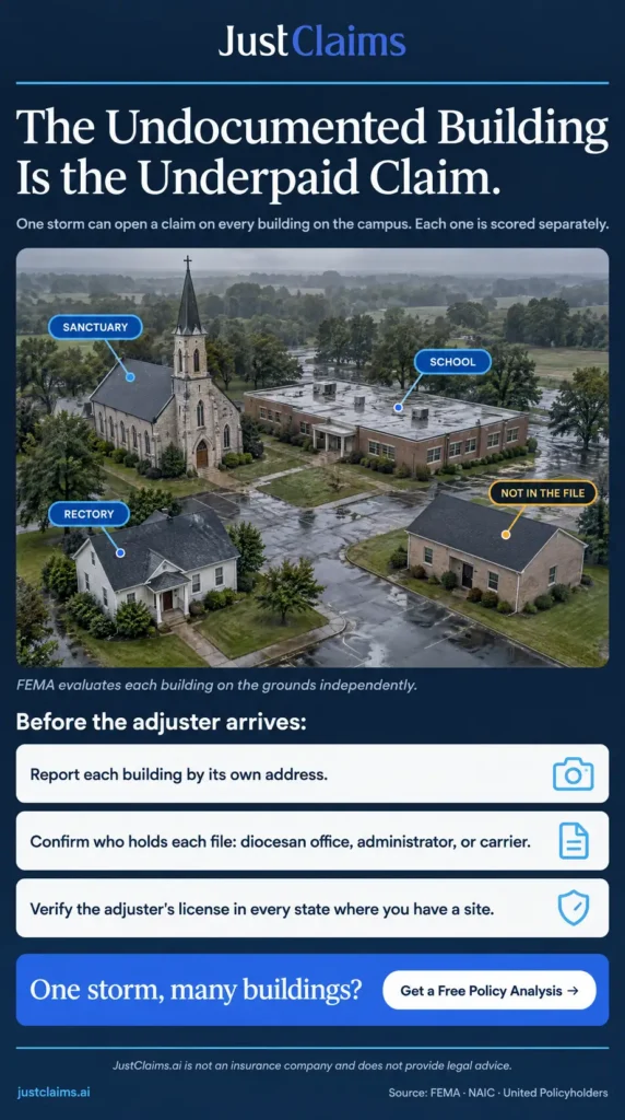 Infographic: one storm opens separate property damage claims for each building on a religious institution campus