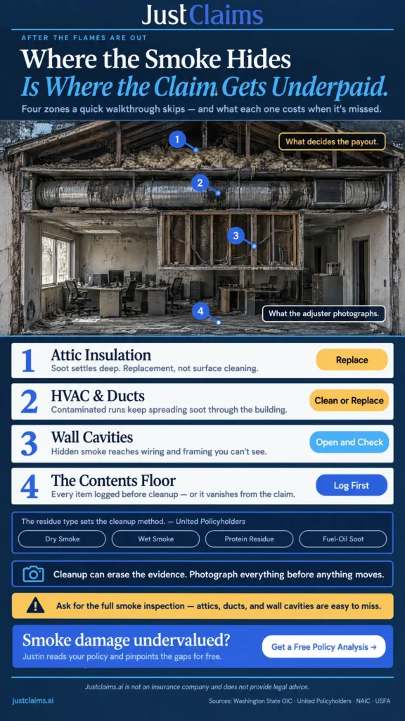 Infographic showing four hidden smoke damage zones and residue types in a smoke and fire damage insurance claim