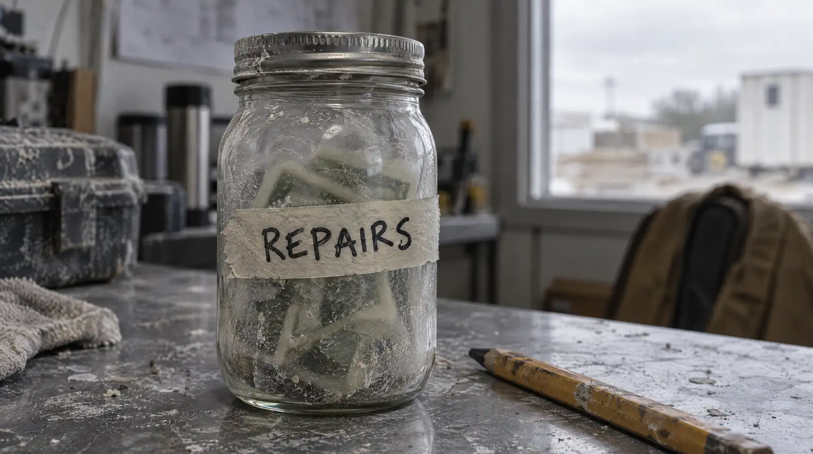 What is subrogation in insurance: a REPAIRS jar of deductible cash on a workbench