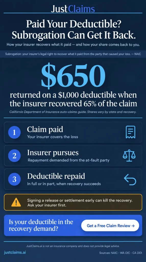 Infographic explaining the subrogation process and how your insurance deductible can be repaid